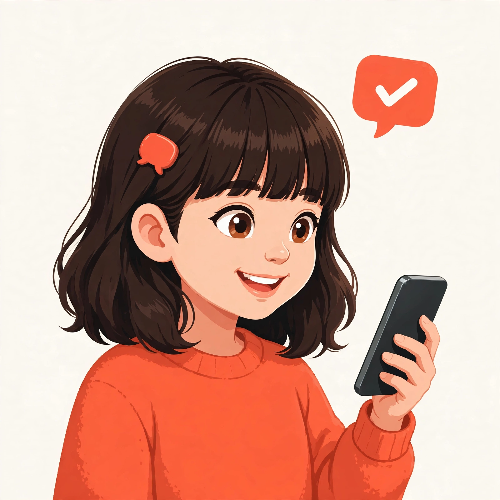 Illustration of Vivi holding her phone, a coral speech bubble with a white checkmark beside her